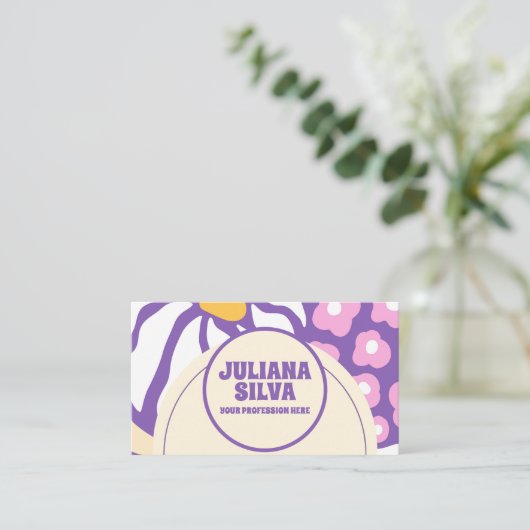 Flore violette rétro avec Carte de visite QR (Debout devant)