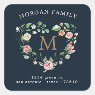 floreel hart met monogram retour-adres vierkante sticker