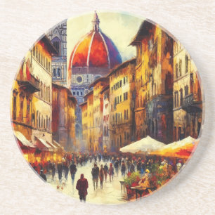 Florence, Italië Straat met Duomo Schilderen Zandsteen Onderzetter