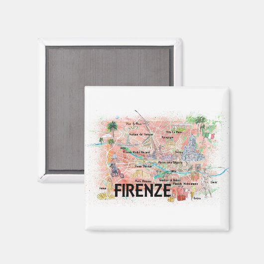 Florence Italy Illustrated Map with Landmarks Magneet (Voorkant / Achterkant)