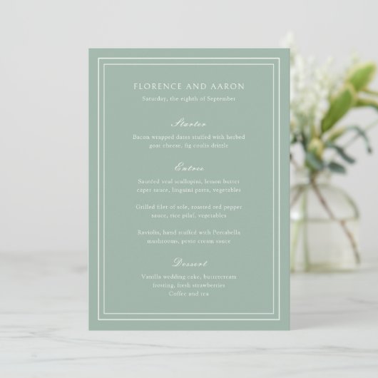 Florence Sage Green Elegant Huwelijk Menu (Staand voorkant)
