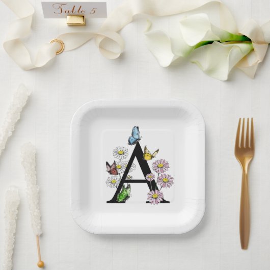 Florence Waterverf Butterfly Monogram Letter A Papieren Bordje (Huwelijk)