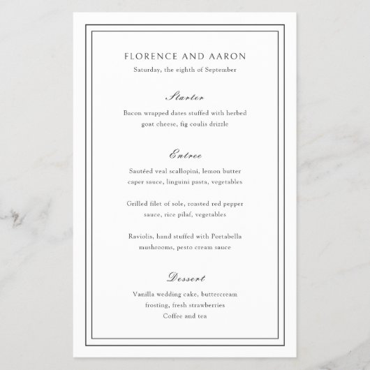 Florence White Elegant Wedding Menu (Voorkant)