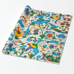 FLORENTIJNSE RENAISSANCE BLAUWE BLOEMENKRULLEN, BL CADEAUPAPIER