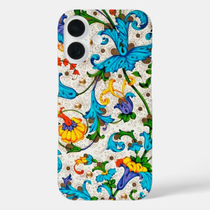 FLORENTIJNSE RENAISSANCE BLAUWE BLOEMENKRULLEN, BL iPhone 16 HOESJE