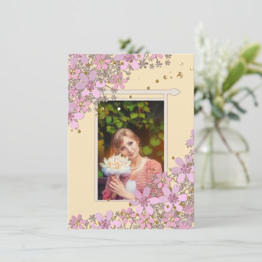 Florentijnse roze bloemen gouden polka punts glitt kaart (Staand voorkant)