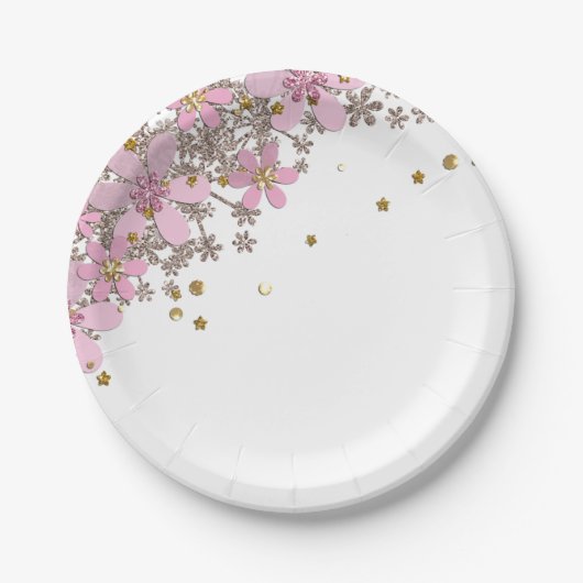 Florentijnse roze bloemen gouden polka punts glitt papieren bordje (Voorkant)