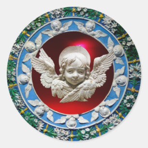 FLORENTINE RENAISSANCE ANGEL FLORAL CROWN BLUE RED RONDE STICKER