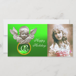 FLORENTINE RENAISSANCE ANGEL Green Gem Monogram Feestdagenkaart
