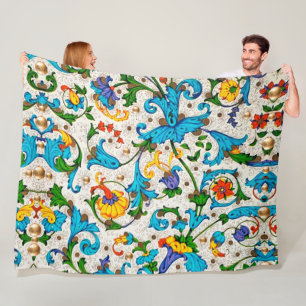 FLORENTINE RENAISSANCE BLUE FLORAL SWIRLS, FLOWERS FLEECE DEKEN