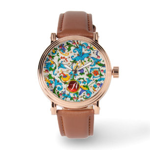 FLORENTINE RENAISSANCE BLUE FLORAL SWIRLS MONOGRAM HORLOGE