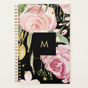 Flores aquarelles Floral rose et or sur noir