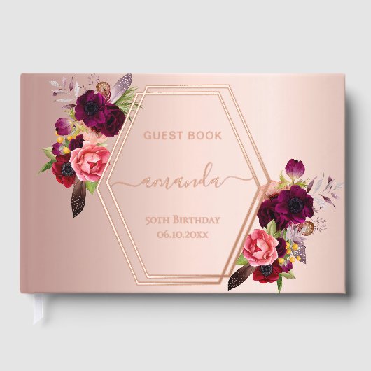 Flores bordeaux géométriques d'or rose (Recto)