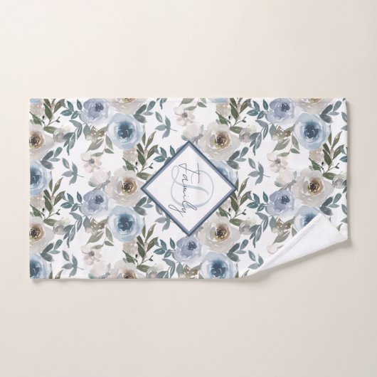 Flores d'aquarelle bleu moelleux Monogramme pour (Serviette à main)