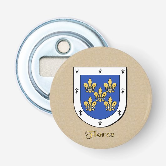 Flores Heraldic Arms op perkament stijl terug Button Flesopener (Voorkant)