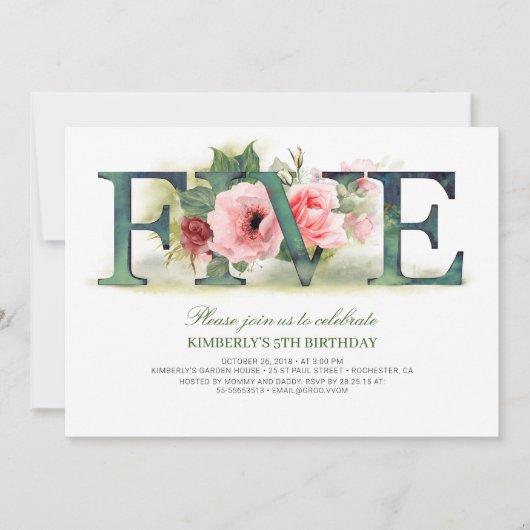 Flores roses CINQ | Invitation de fête du 5e anniv (Devant)