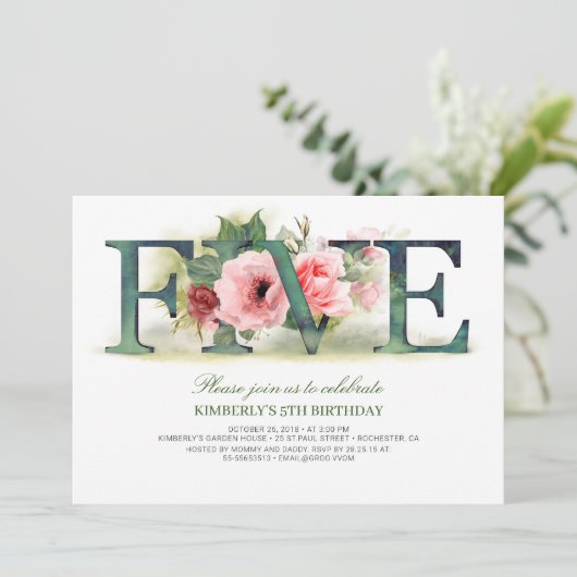 Flores roses CINQ | Invitation de fête du 5e anniv (Debout devant)