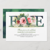 Flores roses CINQ | Invitation de fête du 5e anniv (Devant / Derrière)
