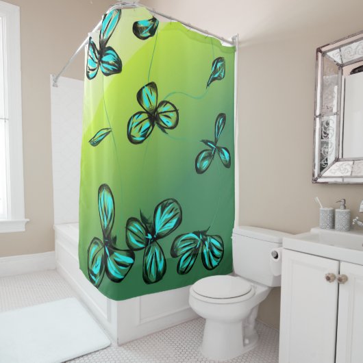Florets bleus sur rideau de douche verte (En situation)
