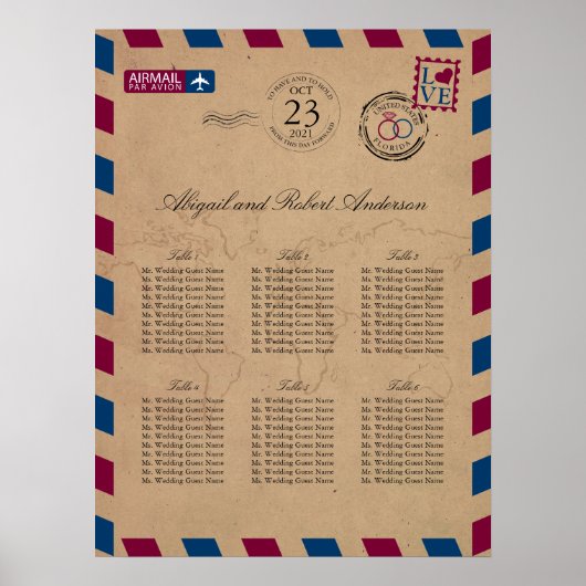 Florida Airmail Wedding Guest Seating Chart Poster (Voorkant)