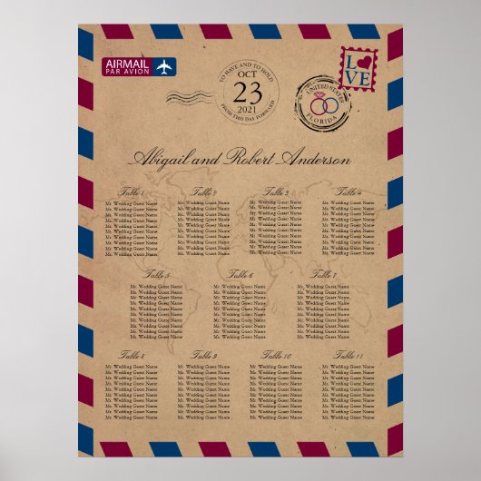 Florida Airmail Wedding Guest Seating Chart Poster (Voorkant)