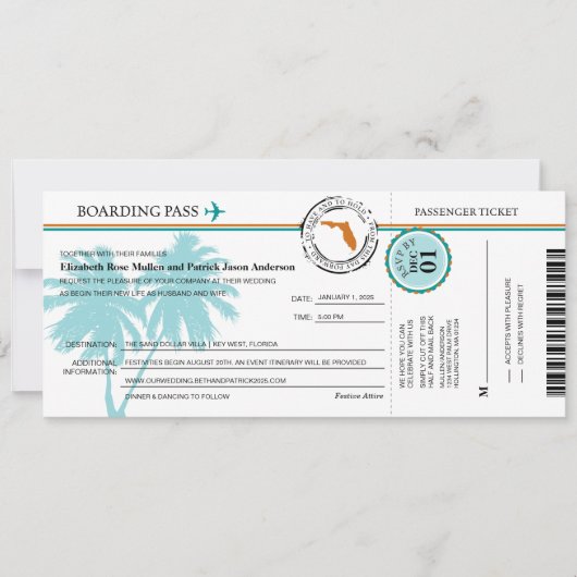 Florida Boarding Pass Wedding Invitation Kaart (Voorkant)