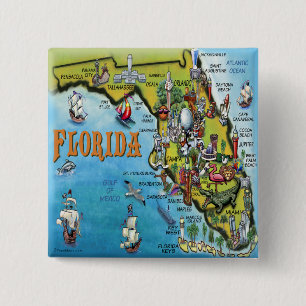Florida Cartoon Map Vierkante Button 5,1 Cm