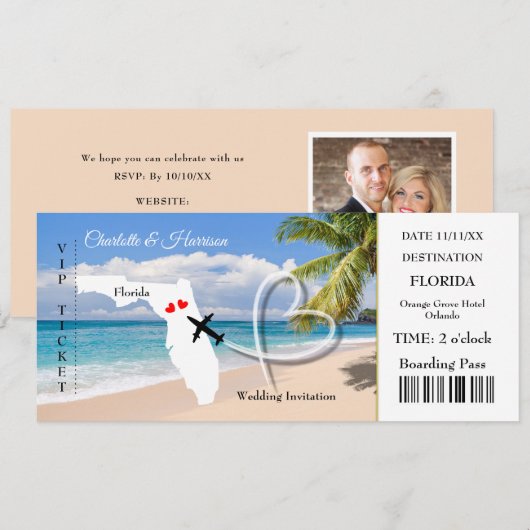 Florida Destination Wedding Ticket Boarding Pass Kaart (Voorkant / Achterkant)