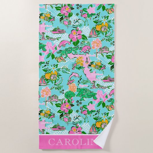 Florida Kaart Preppy Palm Beach Patroon Print Strandlaken (Voorkant)