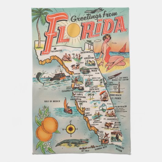  Florida-kaart van attracties Theedoek (Verticaal)