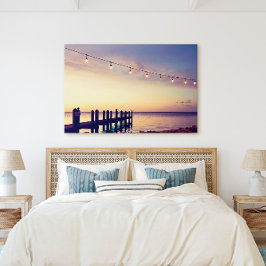 Florida Keys Sunset Dock String Lights Scene Canvas Afdruk
