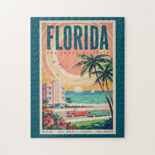 Florida Kust Auto's Illustratie Reis Kunst Vintage Legpuzzel