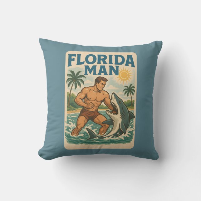 Florida Man Coastal Shark Wrestler - Retro Beach Kussen (Voorkant)