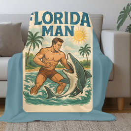 Florida Man Shark Wrestler Funny Retro Beach Life Fleece Deken