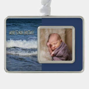 Florida Merry Christmas Ocean Waves 1 foto Verzilverd Kader Ornament