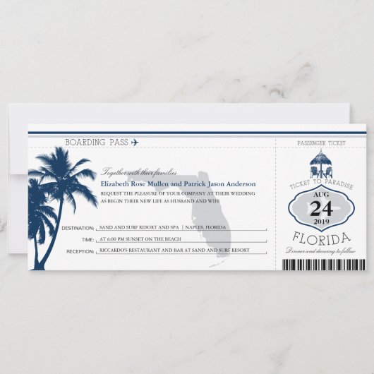Florida Palm Tree Boarding Pass Wedding Kaart (Voorkant)