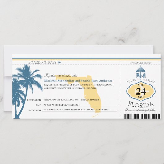 Florida Palm Tree Boarding Pass Wedding Kaart (Voorkant)