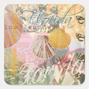 Florida Vintage Travel Beach Seashell Shell Art Vierkante Sticker