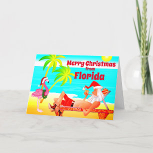 Florida Vrolijk Kerstfeest Santa en Flamingo Beach Feestdagen Kaart