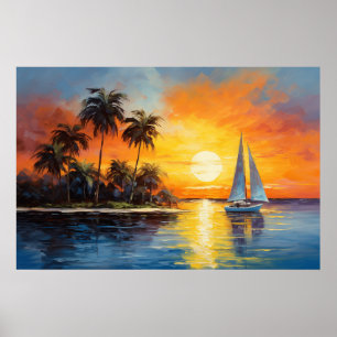 Florida Zonsondergang met zeilboot olieverfschilde Poster