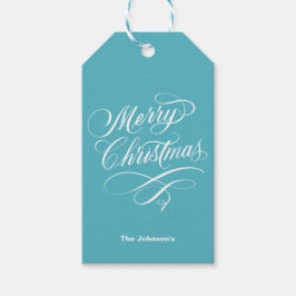 Flourated Calligraphy Merry Blauwgroen Kerstmis Cadeaulabel