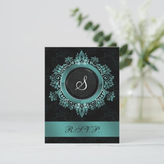 floure aqua monogram elegant bruiloft RSVP (Staand voorkant)