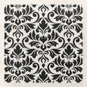 Flourish Damask Lg Patroon Zwart op Crème Glazen Onderzetter
