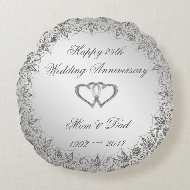Flourish Silver 25th Wedding Jubileum Rond Kussen (Voorkant)