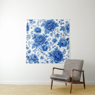 Flow Blue Bloemen Rozen Pioenrozen Kobaltblauw Wit Wandkleed