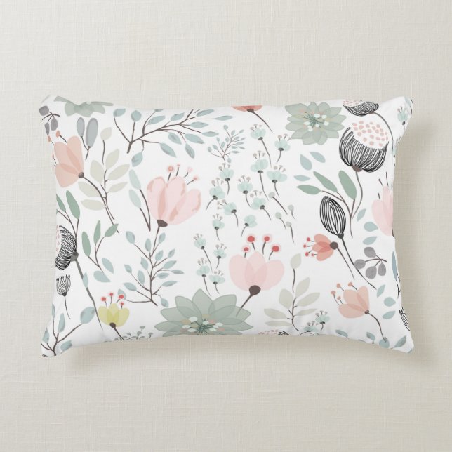Flower and leaf pattern in tropical green and pink accent kussen (Voorkant)