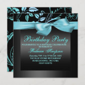 Flower Blue & Black Party Invitation d'anniversair (Devant / Derrière)