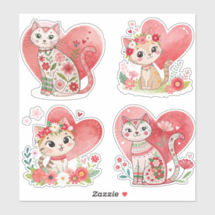 Flower Cat en Heart Custom-Cut Vinyl Sticker