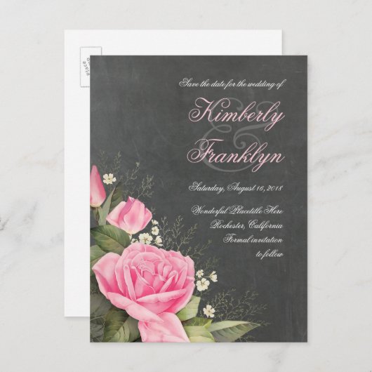 Flower Chalkboard Sla de datum op Aankondigingskaart (Voorkant / Achterkant)