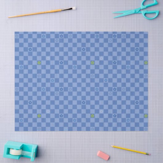 Flower Checkered Pattern No. 01 - Light Blue Tissuepapier (Craft)
